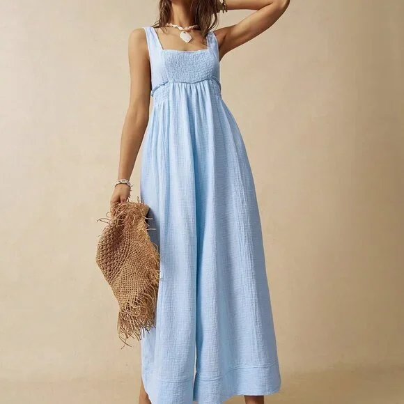 Baby Blue Casual Women's Wide Strap Loose Jumpsuit - Picture 4 of 7